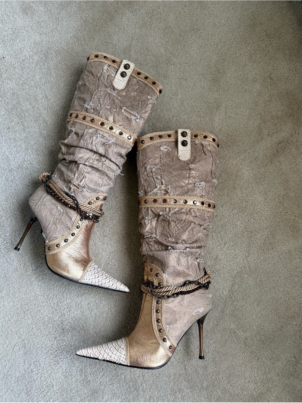 Aldo Metallic Taupe and Cream Pointed-Toe Studded Knee Boots